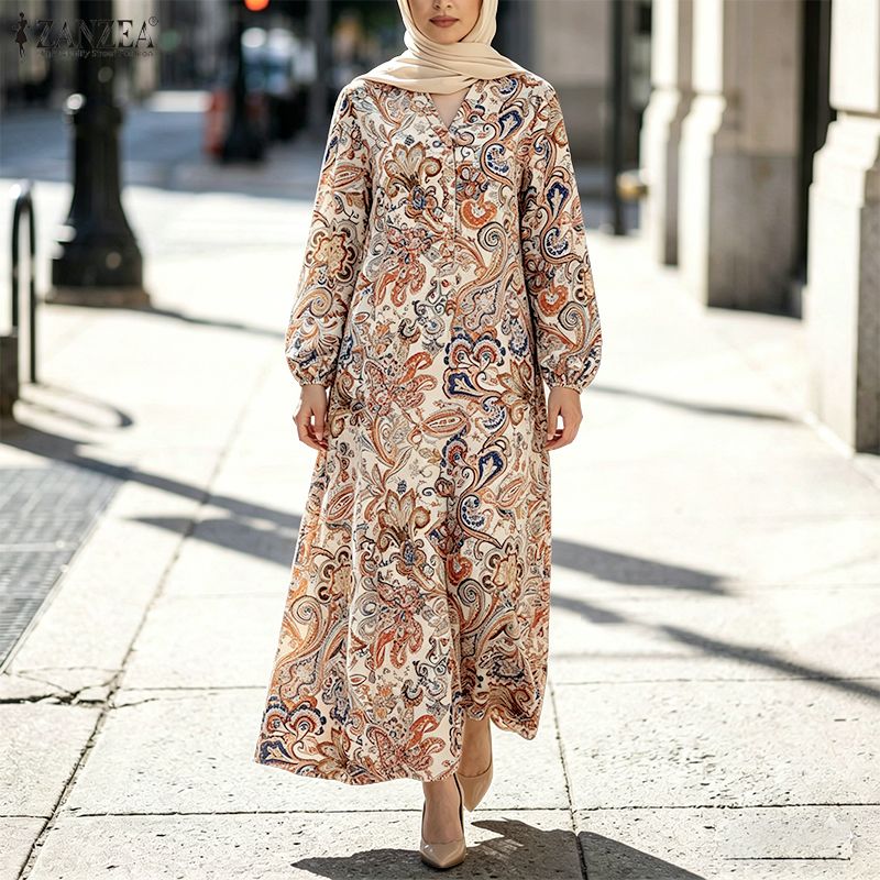 Abaya Modest Wear - ZANZEA Women Vacation Paisley Print Maxi