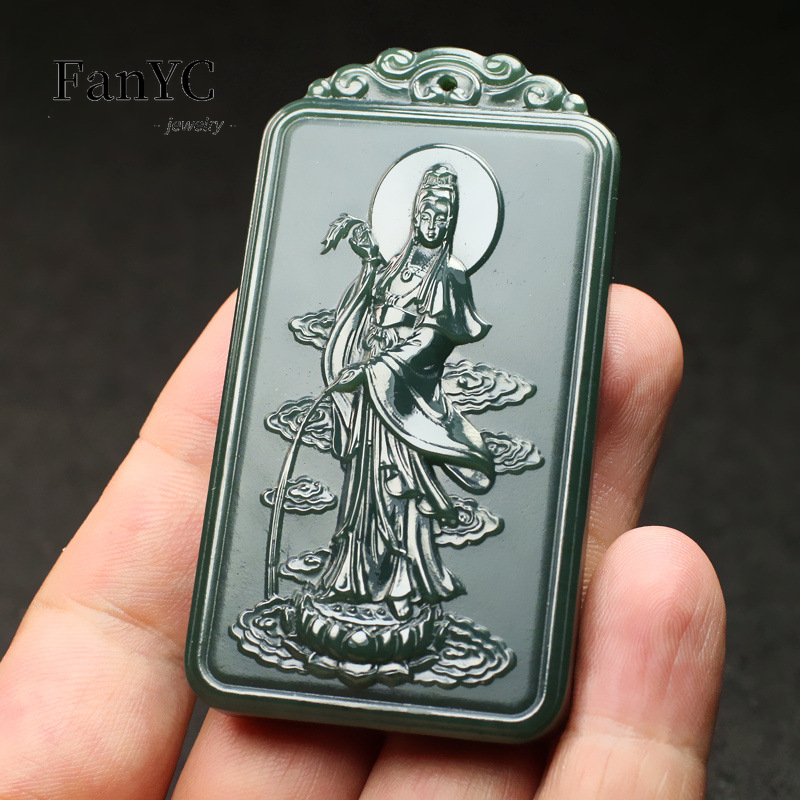 Ethnic Fashion Women - Natural Hetian Jade Qingyu Guanyin Necklace